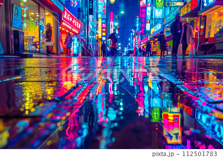 AI-generated content. Colorful reflection of neon lights on city street AI-generated content. Colorful reflection of neon lights on city street 112501783