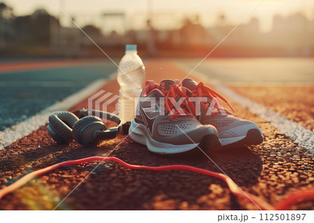 AI-generated content. Running shoes with water bottle and headphones 112501897