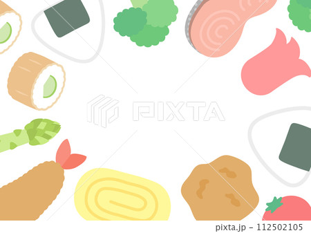 お弁当のフレーム、人気のおかずとおにぎりのイラスト 112502105