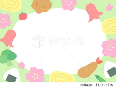 桜の花とお弁当のおかずのかわいい春のフレームイラスト 112502110