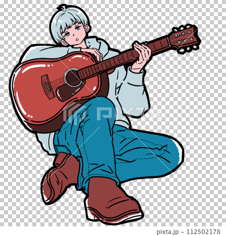 boy sitting with guitar 112502178