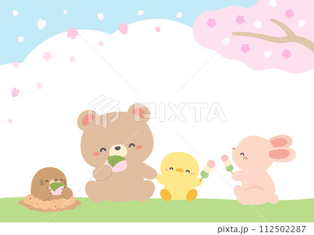 可愛いクマさんと動物たちが桜の木の下で花見をしているフレーム 112502287