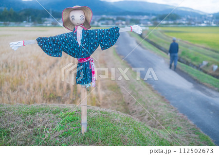 稲刈りの終わった田圃に残された案山子 112502673