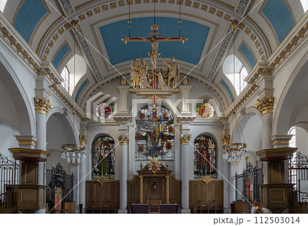 Interior view St Mary le Bow Church and The modern hanging sculptural of Crucifixion in church St.Mary le Bow. Interior view St Mary le Bow Church and The modern hanging sculptural of Crucifixion in church St.Mary le Bow. 112503014