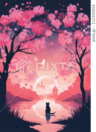 桜の木と猫のシルエットのある風景のイラスト素材 [112503058