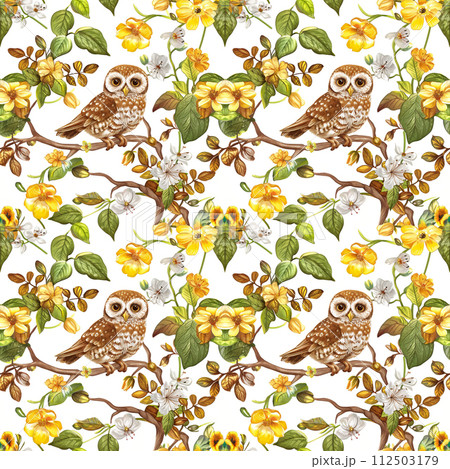 Watercolor owl on the tree branch with flowers, seamless pattern Watercolor owl on the tree branch with flowers, seamless pattern 112503179