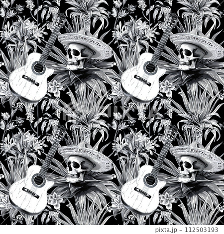 Black and white mexican seamless pattern with skulls Black and white mexican seamless pattern with skulls 112503193