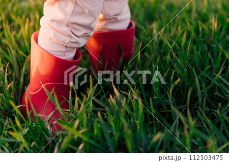 Child legs in boots in the field. Sunset light Child legs in boots in the field. Sunset light 112503475