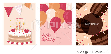 Set of Birthday greeting cards with cake, gift box, balloons. Holliday, party, vacation, happy birthday. Vector templates for card, poster, flyer, banner and other 112504809