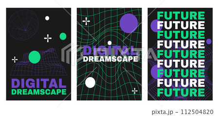 Retro futuristic vibe flyers set. Y2k techno vibe banners set. Retrowave posters with vibrant purple and green text and lines on black background, announcement text frame Retro futuristic vibe flyers set. Y2k techno vibe banners set. Retrowave posters with vibrant purple and green text and lines on black background, announcement text frame 112504820