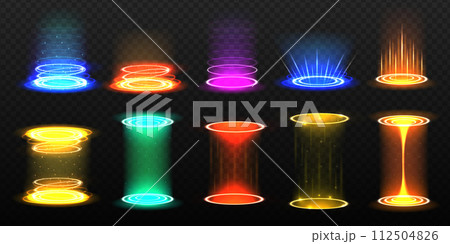Level up effect. Realistic teleportation portal. Teleportation process game effect, futuristic lighting and bright wrap aura. Energy circles and rays on black background. 112504826
