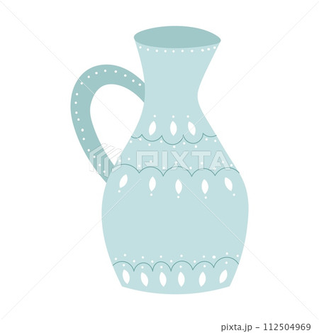 Cute blue ceramic jug design element flat cartoon illustration. Capacity for drink. Colored tableware hand drawn vector design. Kitchen trendy crockery for hot drink isolated on white background 112504969
