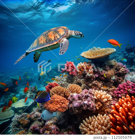 Coral reef many fishes sea turtle 112505079