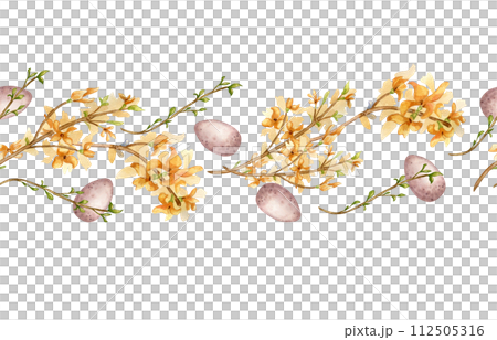 Seamless border of watercolor first yellow spring flowers and Easter eggs isolated on white. Floral Easter board. Blooming forsythia branch hand drawn. Flower sketch for greeting card, package, label 112505316