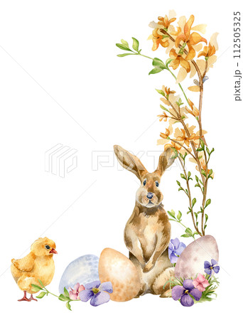 Easter floral watercolor frame with rabbit and eggs isolated on white. Farm landscape with spring yellow and blue flowers hand drawn for Easter card in neutral color. Illustration with chick and hare 112505325