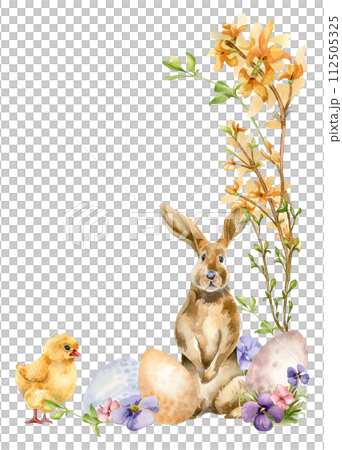 Easter floral watercolor frame with rabbit and eggs isolated on white. Farm landscape with spring yellow and blue flowers hand drawn for Easter card in neutral color. Illustration with chick and hare 112505325