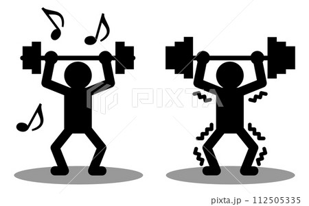 鉄製の重いバーベルを使用してベンチプレスで筋肉を鍛える筋トレをしている人物イラスト 112505335