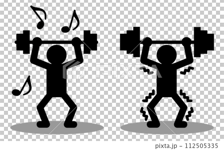 鉄製の重いバーベルを使用してベンチプレスで筋肉を鍛える筋トレをしている人物イラスト 112505335