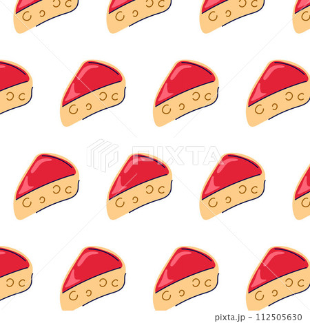 Cartoon style seamless pattern of cheese pieces. Cheese with holes. Wallpaper of grocery dairy product. Vector illustration isolated on a white background. Cartoon style seamless pattern of cheese pieces. Cheese with holes. Wallpaper of grocery dairy product. Vector illustration isolated on a white background. 112505630