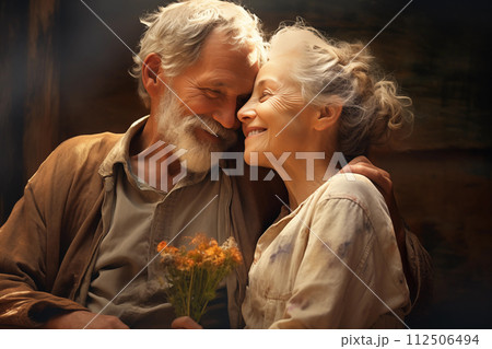 Elderly man and woman smile affectionately, a subtle gesture of enduring love 112506494