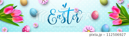 Happy Easter Holiday Design with Painted Egg and Spring Tulip Flower on Nature Blue Background. International Religious Vector Celebration Banner Illustration with Typography for Greeting Card or Happy Easter Holiday Design with Painted Egg and Spring Tulip Flower on Nature Blue Background. International Religious Vector Celebration Banner Illustration with Typography for Greeting Card or 112506927
