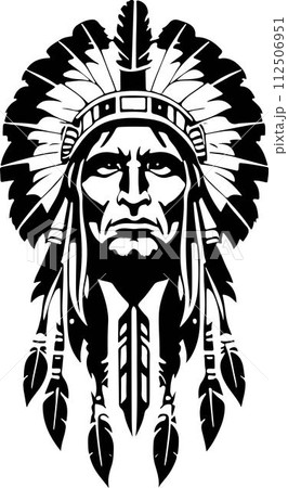 A Wonderful iconic Native American chief in a black and white vector illustration, Suitable for logo design, tattoo design or print on demand 112506951