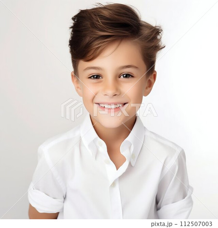 Charming Innocence: Portrait of a Smiling Cute Brunette Boy in White Shirt. Generative ai 112507003