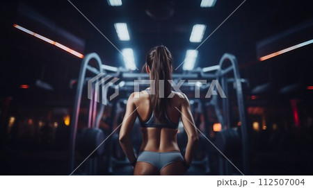 Rear View of Sporty Woman in Fitness Gym Setting. Generative ai 112507004