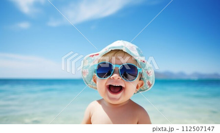 Happy Smiling Baby in Sunglasses Enjoying Summer Vacation by the Sea. Generative ai Happy Smiling Baby in Sunglasses Enjoying Summer Vacation by the Sea. Generative ai 112507147