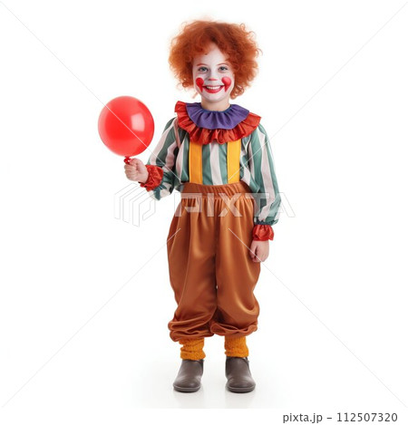 Halloween Delight: Cute Little Boy in Clown Costume Isolated on White. Generative ai 112507320