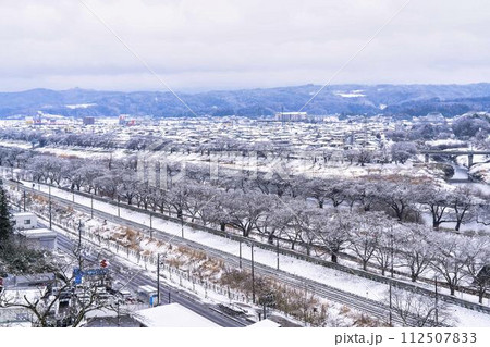 早春に降った雪と船岡城址公園から見た桜並木　宮城県柴田町 112507833