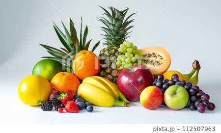 A bountiful selection of fresh, vibrant fruits are scattered artfully on the pristine white background 112507963