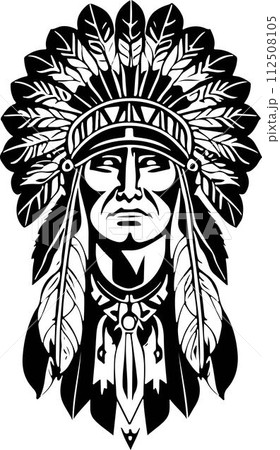 A Fantastic iconic Native American chief in a black and white vector illustration, Suitable for logo design, tattoo design or print on demand 112508105
