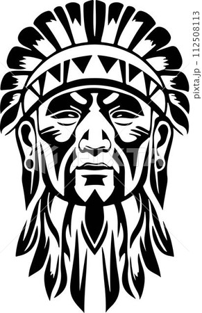 An Extraordinary iconic Native American chief in a black and white vector illustration, Suitable for logo design, tattoo design or print on demand 112508113