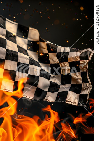 Burning checkered flag, racing, start and finish concept 112508126