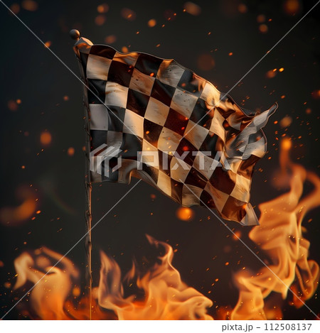 Burning checkered flag, racing, start and finish concept 112508137