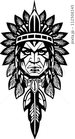 A Gorgeous iconic Native American chief in a black and white vector illustration, Suitable for logo design, tattoo design or print on demand 112508145