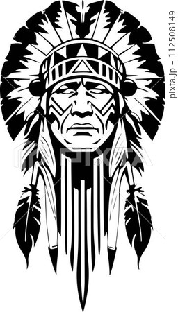 A Pretty iconic Native American chief in a black and white vector illustration, Suitable for logo design, tattoo design or print on demand 112508149