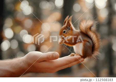 squirrel in nature, close-up eating from a human hand squirrel in nature, close-up eating from a human hand 112508183