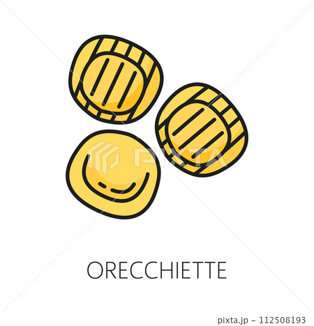 Orecchiette italian cuisine pasta isolated color outline icon. Vector fresh Orecchiette, italian pasta round shape noodles Orecchiette italian cuisine pasta isolated color outline icon. Vector fresh Orecchiette, italian pasta round shape noodles 112508193