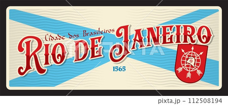Rio de Janeiro retro travel plate, brazilian city, sticker and tin sign. Brazil postcard with coat of arms. South America vacation travel vector plate with flag and emblem, Cidade dos Brasileiros Rio de Janeiro retro travel plate, brazilian city, sticker and tin sign. Brazil postcard with coat of arms. South America vacation travel vector plate with flag and emblem, Cidade dos Brasileiros 112508194