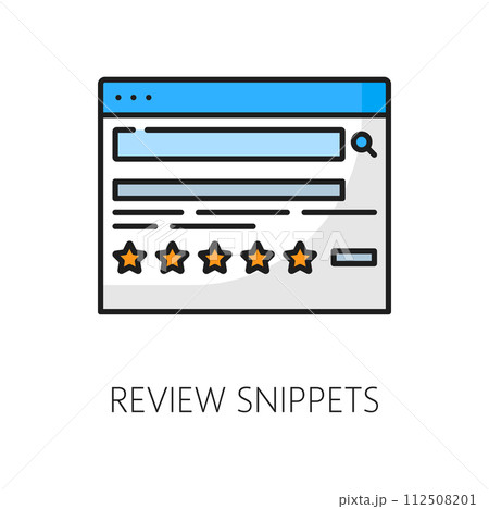 Review snippets. Serp icon. Search engine result page. Isolated vector linear sign, indicating the presence of summarized customer reviews, providing a quick overview of product or service feedback 112508201