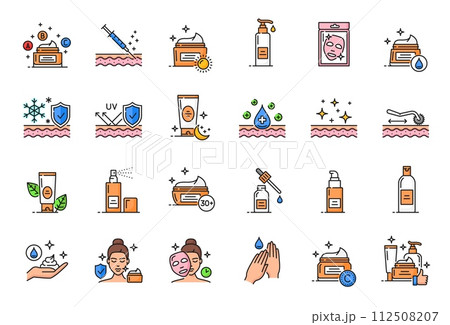Face and hands skin care, dermatology line icons. Body hygiene treatment outline vector pictograms with sunscreen, moisturizing cream or lotion, skin injection syringe, facial mask and needle roller 112508207