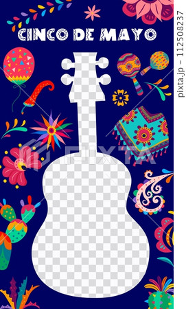 Cinco de Mayo mexican holiday social media template. Vector frame in shape of Mexico fiesta guitar with tropical flowers, cactus, maracas and poncho, chili pepper and balloon pattern background Cinco de Mayo mexican holiday social media template. Vector frame in shape of Mexico fiesta guitar with tropical flowers, cactus, maracas and poncho, chili pepper and balloon pattern background 112508237