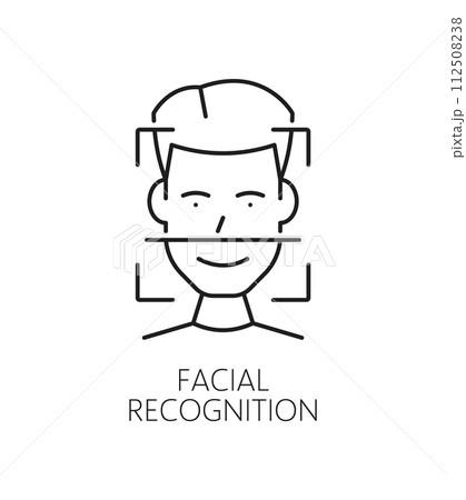 Facial recognition, biometric identification or verification icon. Isolated vector linear sign, symbolizing advanced technology that analyzes and identifies individuals based on unique facial features Facial recognition, biometric identification or verification icon. Isolated vector linear sign, symbolizing advanced technology that analyzes and identifies individuals based on unique facial features 112508238