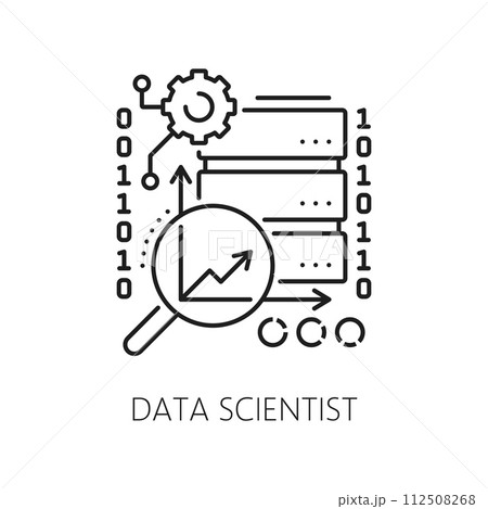 Data scientist, IT specialist icon for web statistics, analysis and website informatics, line vector. Data scientist linear pictogram for digital programming and internet data insights of app software Data scientist, IT specialist icon for web statistics, analysis and website informatics, line vector. Data scientist linear pictogram for digital programming and internet data insights of app software 112508268