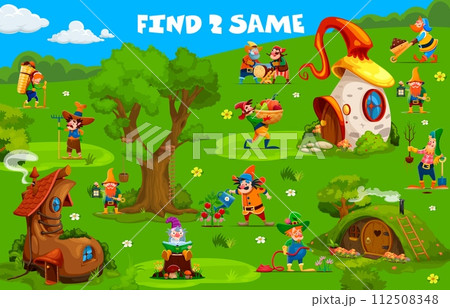 Find two same cartoon garden gnome or dwarf character kids game worksheet. Vector educational children riddle with funny leprechauns, hobbits or goblins doing daily activities in village with houses 112508348