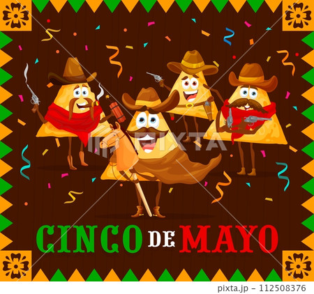 Cinco de Mayo banner. Cartoon funny nachos chips cowboys and bandits. Cinco de Mayo celebration, Hispanic culture holiday or latin party vector poster with mexican snack funny cowboy personages Cinco de Mayo banner. Cartoon funny nachos chips cowboys and bandits. Cinco de Mayo celebration, Hispanic culture holiday or latin party vector poster with mexican snack funny cowboy personages 112508376