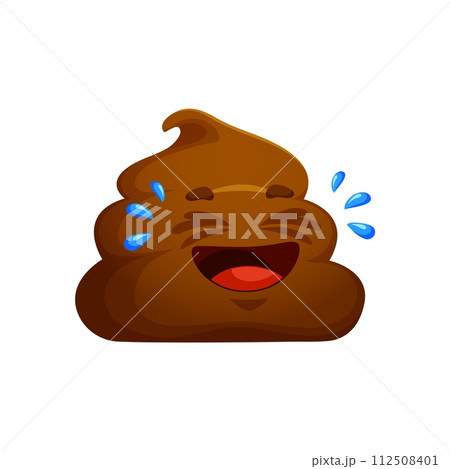 Cartoon poop emoji laughing loud, funny poo excrement with LOL face, vector character. Happy toilet shit emoticon or smile with laugh into tears face expression, stinky smelling comic poop emoji 112508401