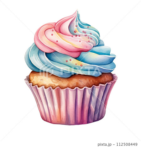 Watercolor muffin on white background, sweet colorful clipart 112508449